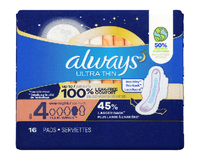 Always Ultra Thin W Wing Overnight Size 4 16 Pk - 03352