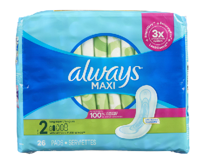 Always Maxi Pads Long Super 26 Pk - 03369