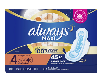 Always Maxi Pads Overnight Wngs Sz 4 33 Pk - 89033