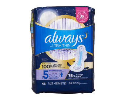 Always Ult Thn Pads Overnight Xtr Hvy Sz 5 46 Pk - 97949